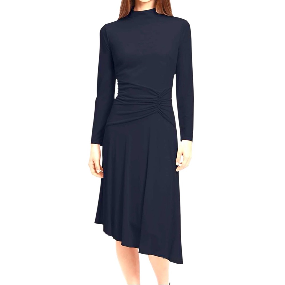 MAGGY LONDON Long Sleeve Mock Neck Midi Dress With Asymmetrical Hem Blue Size 2